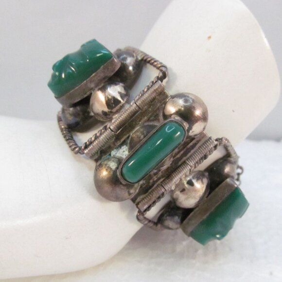 Sterling Silver Carved Green Onyx Tribal Face Mexican Link Bracelet Size 6.75 - Picture 14 of 16
